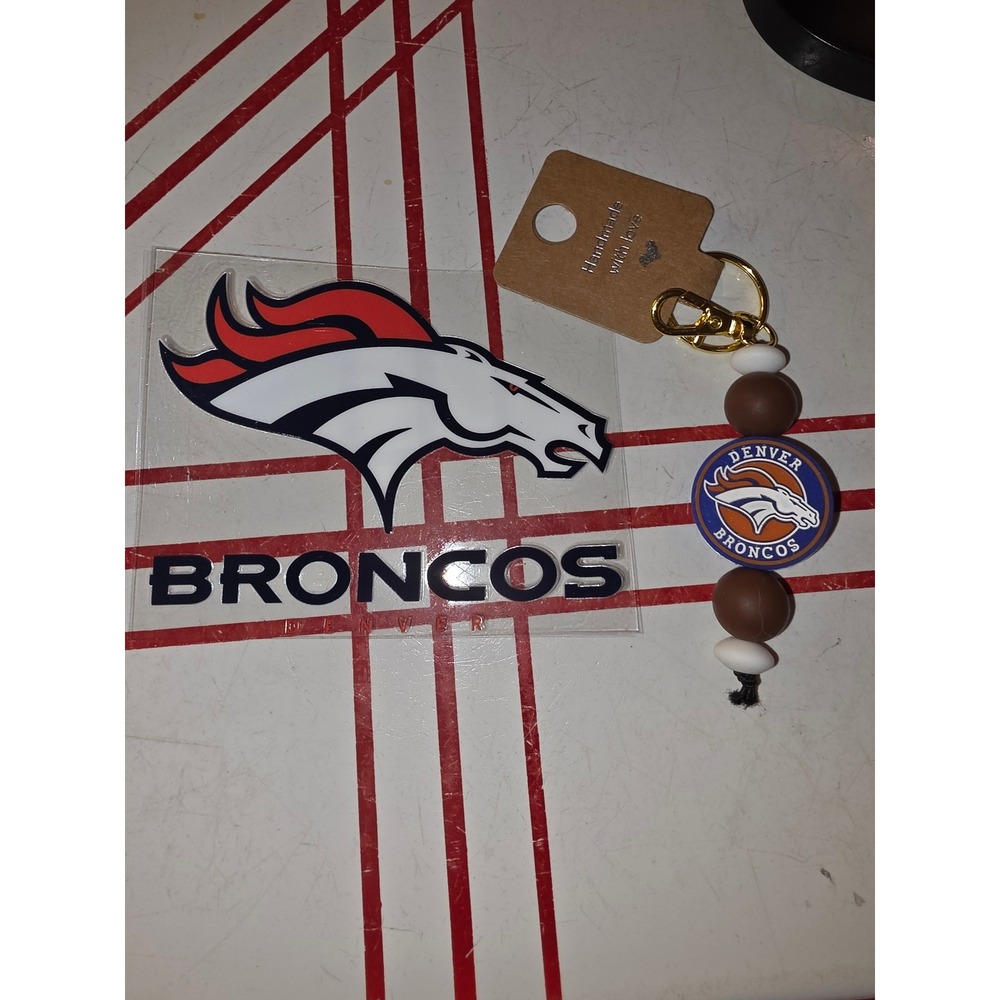Denver Broncos Beaded Keychain and Logo Decal Set NFL Fan Gear Handmade